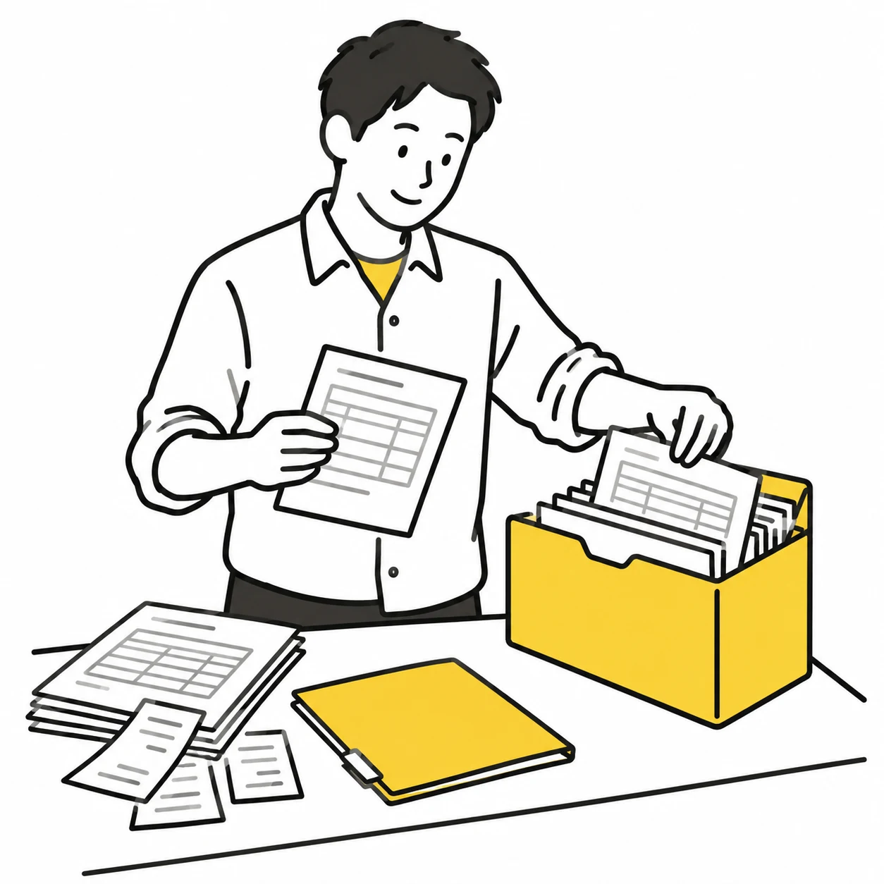 紙の記録や明細をファイルに分けて整理する人。