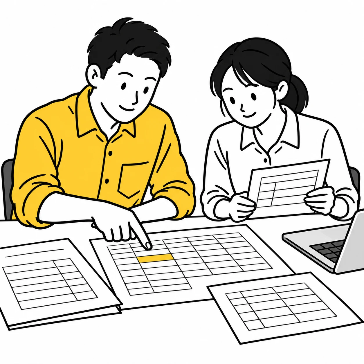 まとめた表と元の記録を二人で見比べて確認する様子。
