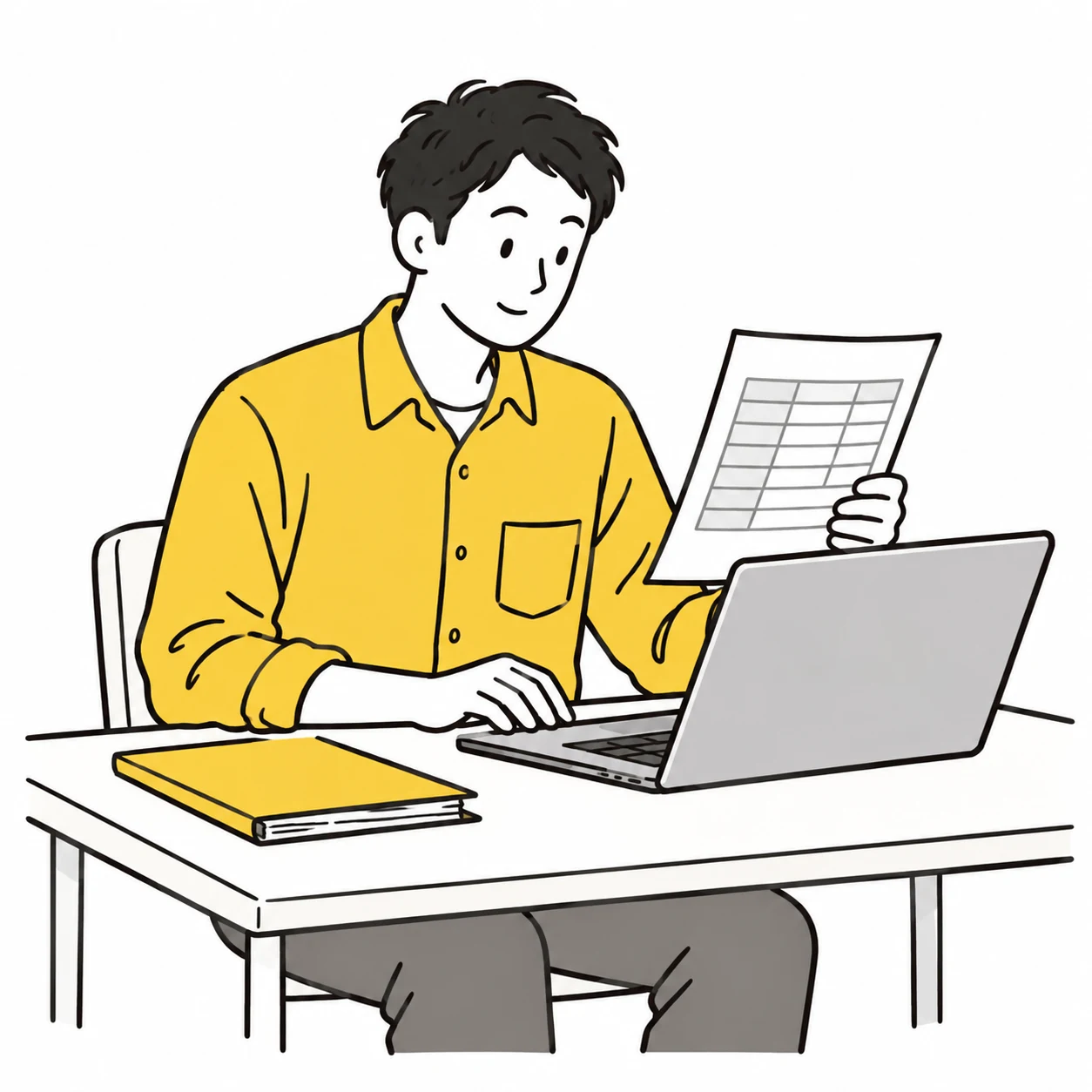 紙の記録を見ながらパソコンの表に入力する人。